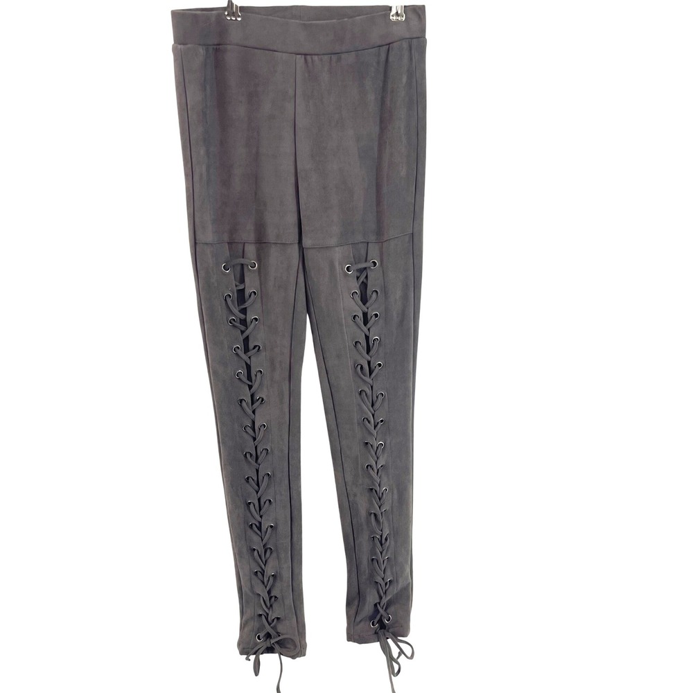 LE LIS Faux Suede Legging Pants Medium‎ Grey Lace Up Front